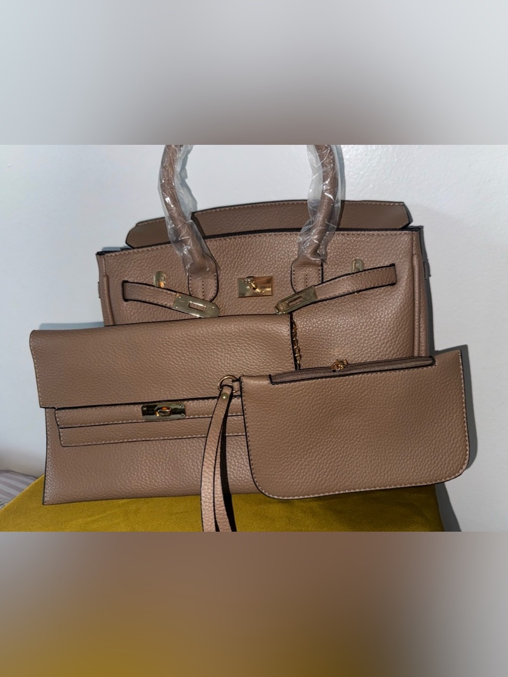 Set of three handle bag with gold hardware crossbody and wallet
